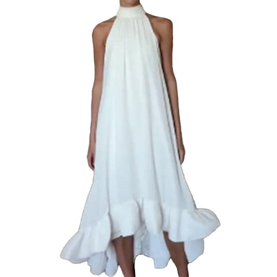 Damen Hippie Maxikleid mit Rüschensaum und hochgeschlossenem Kragen Fudus