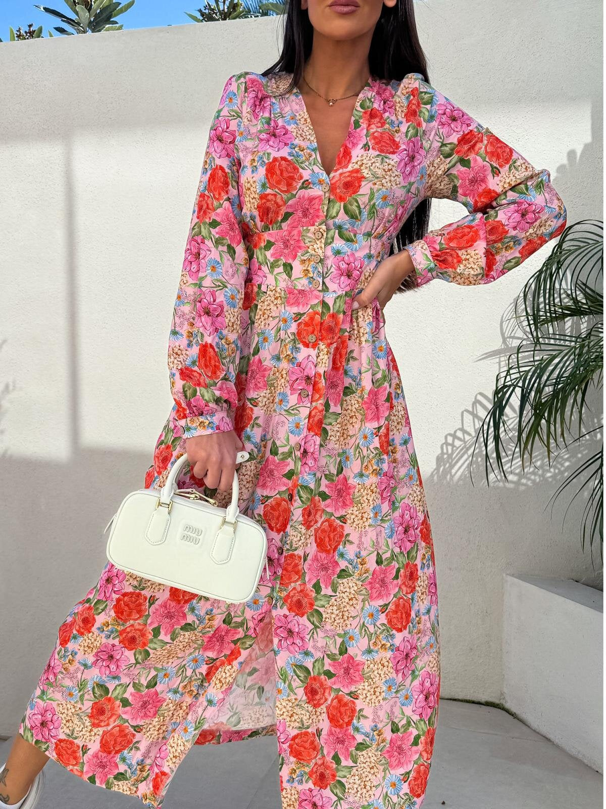 Damen Knielanges Hemdblusenkleid mit kreativen Druck und eleganter Knopfdetails Fudus