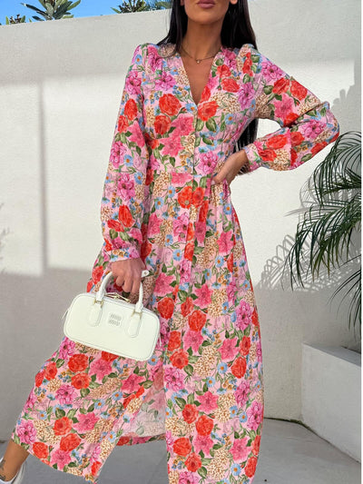 Damen Knielanges Hemdblusenkleid mit kreativen Druck und eleganter Knopfdetails Fudus