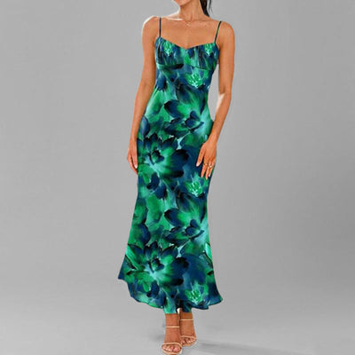 Damen Maxikleid mit feinen Spaghettiträgern und blumigem Design Fudus