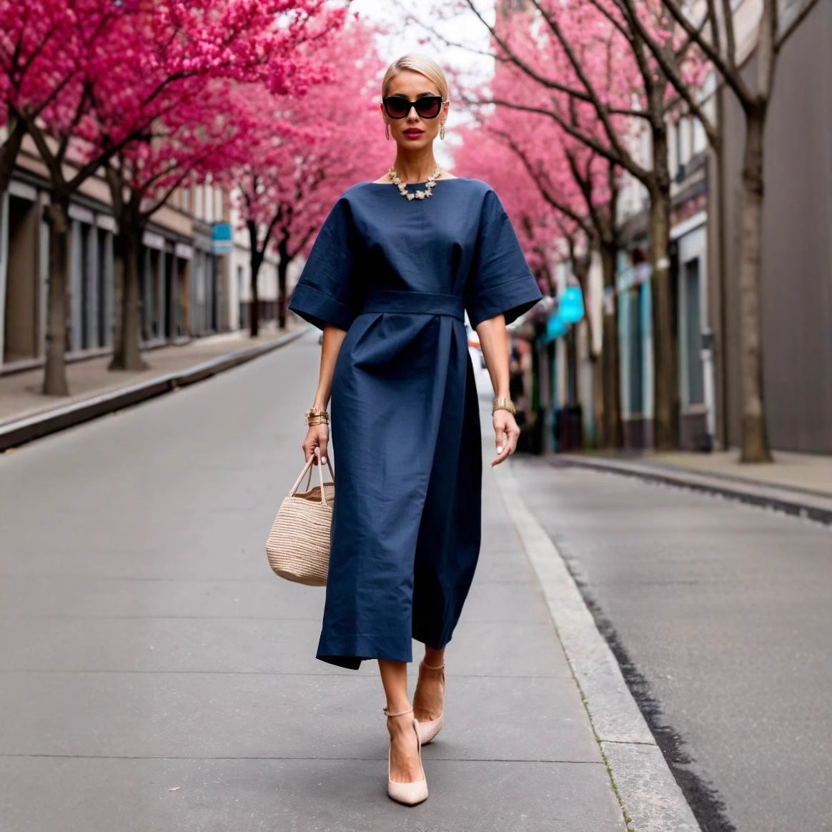 Damen Midi-Kleid mit weit geschnittenen Ärmeln und taillierter Silhouette Fudus