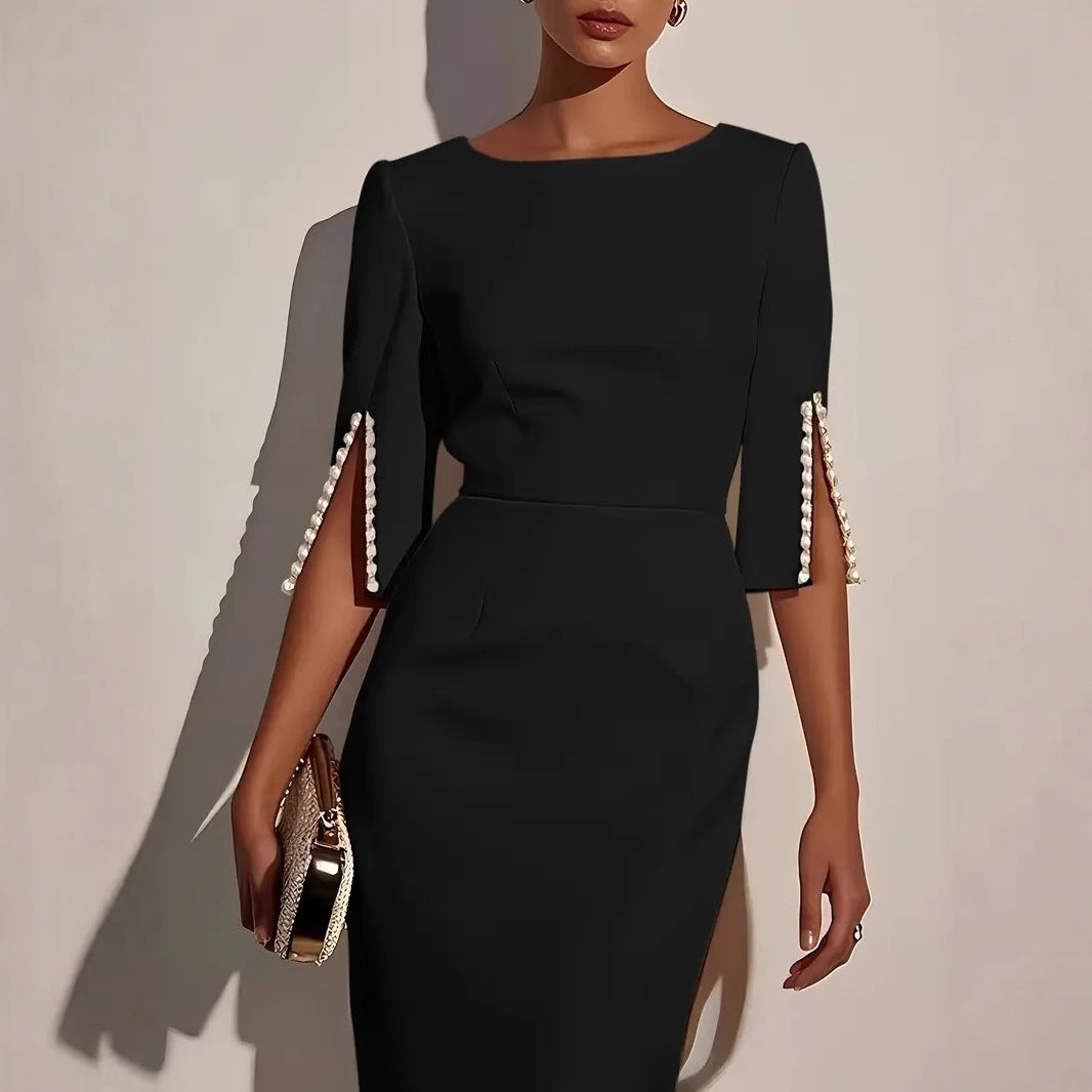 Damen elegantes Hochzeitskleid mit langen Ärmeln und Perlenverzierungen Fudus