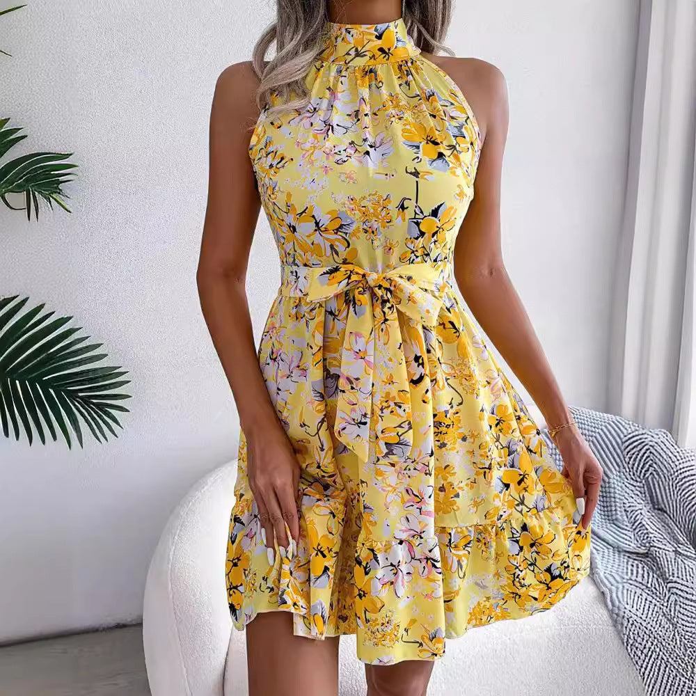 Damen Retro-Sommerkleid mit hochgeschlossenem Kragen und fließendem Saum Fudus