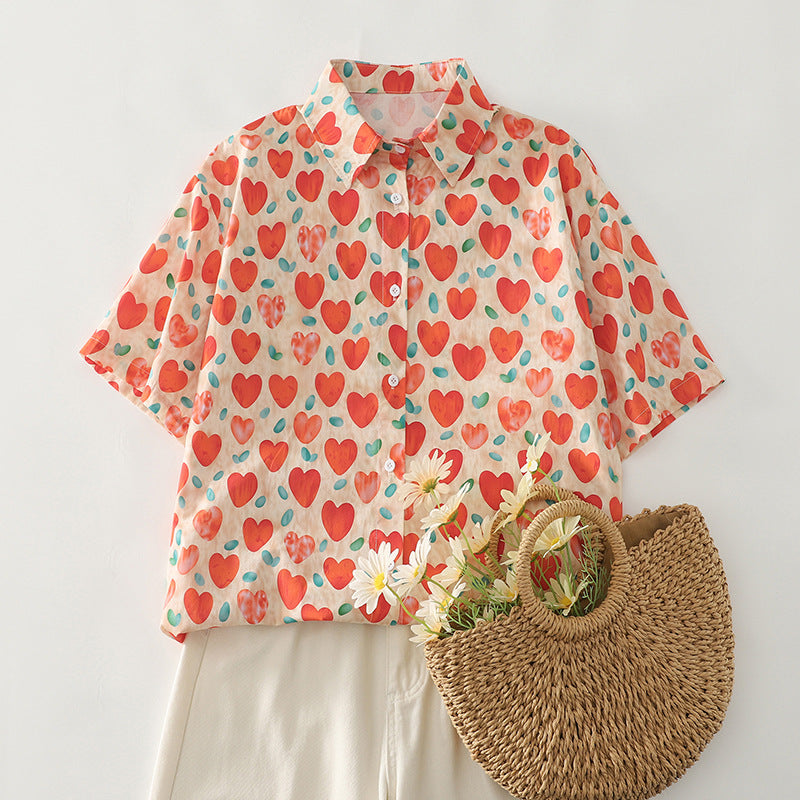 Damen Kurzarm-Hemd mit Herzmuster Fudus