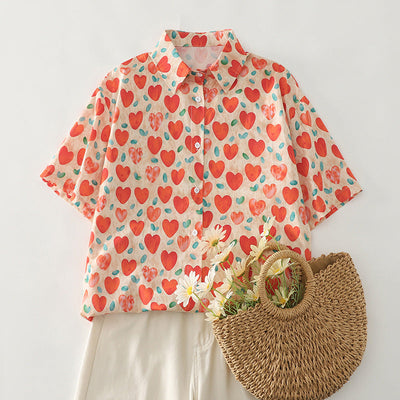 Damen Kurzarm-Hemd mit Herzmuster Fudus