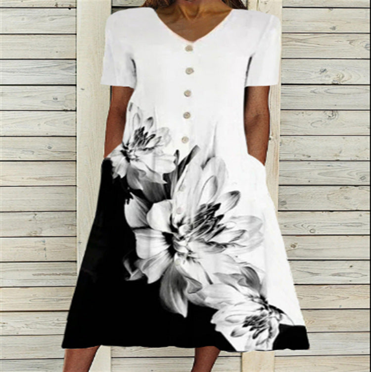 Damen Maxi-Kleid mit floralem Akzent und eleganter Knopfleiste Fudus