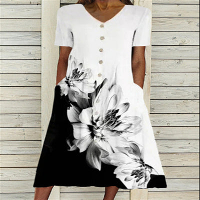 Damen Maxi-Kleid mit floralem Akzent und eleganter Knopfleiste Fudus