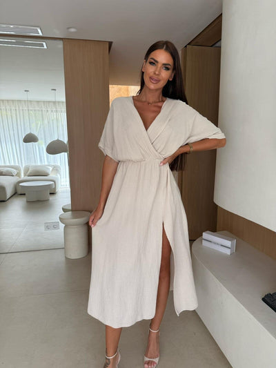 Damen Wickelkleid mit fließendem Schnitt und elegantem Schlitz Fudus