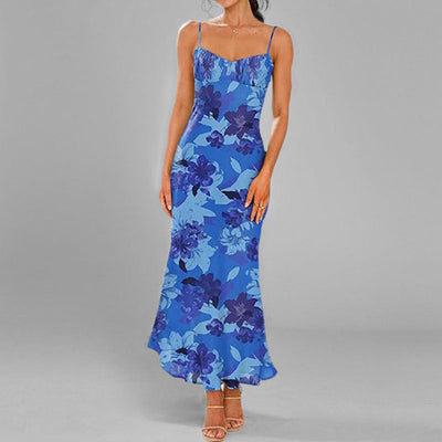 Damen Maxikleid mit feinen Spaghettiträgern und blumigem Design Fudus