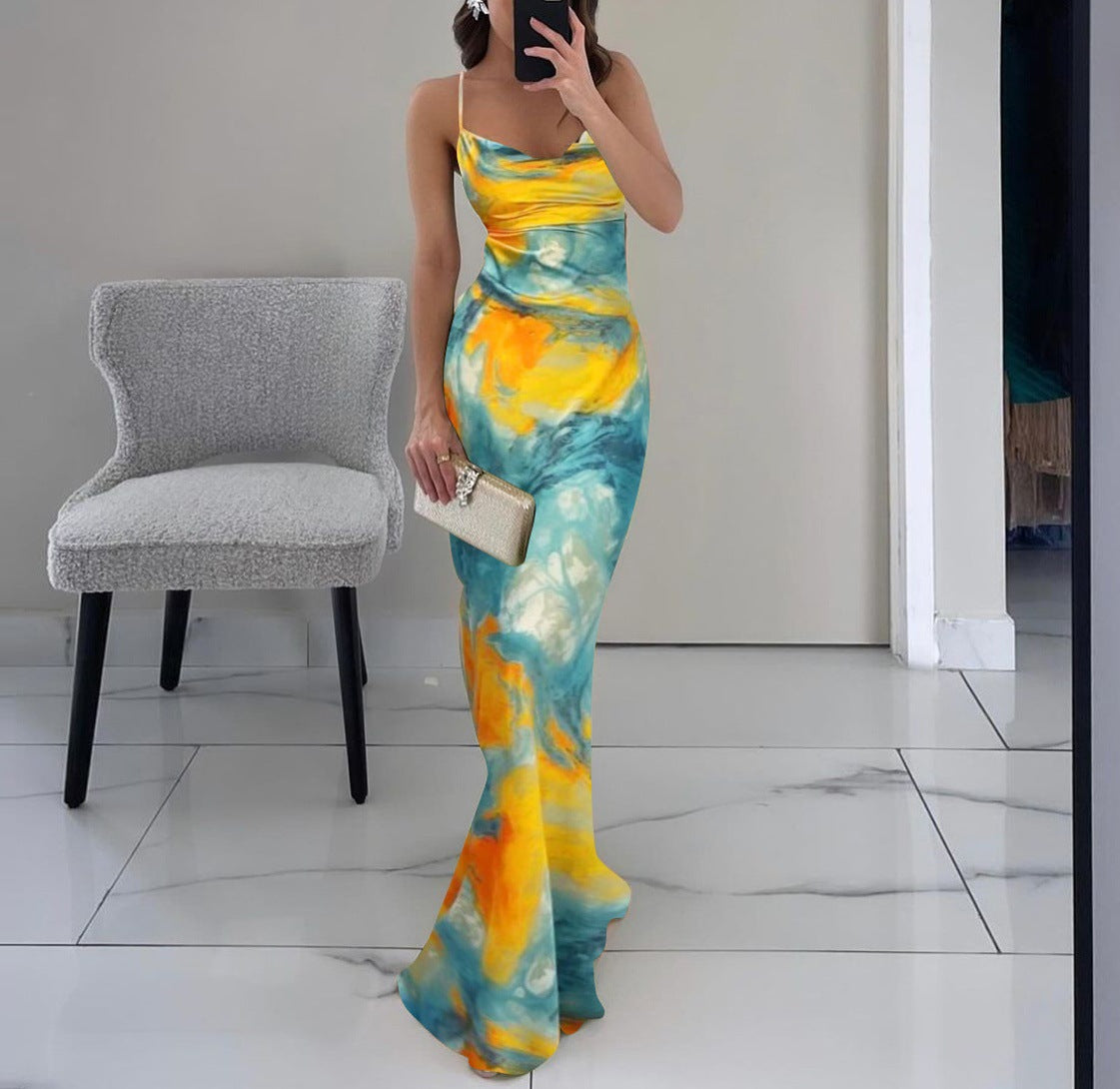 Damen Maxikleid mit einzigartigem Farbverlauf und schmalen Trägern Fudus