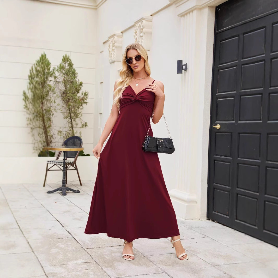 Damen elegantes Maxikleid mit feinem Faltenwurf und Spaghettiträgern Fudus
