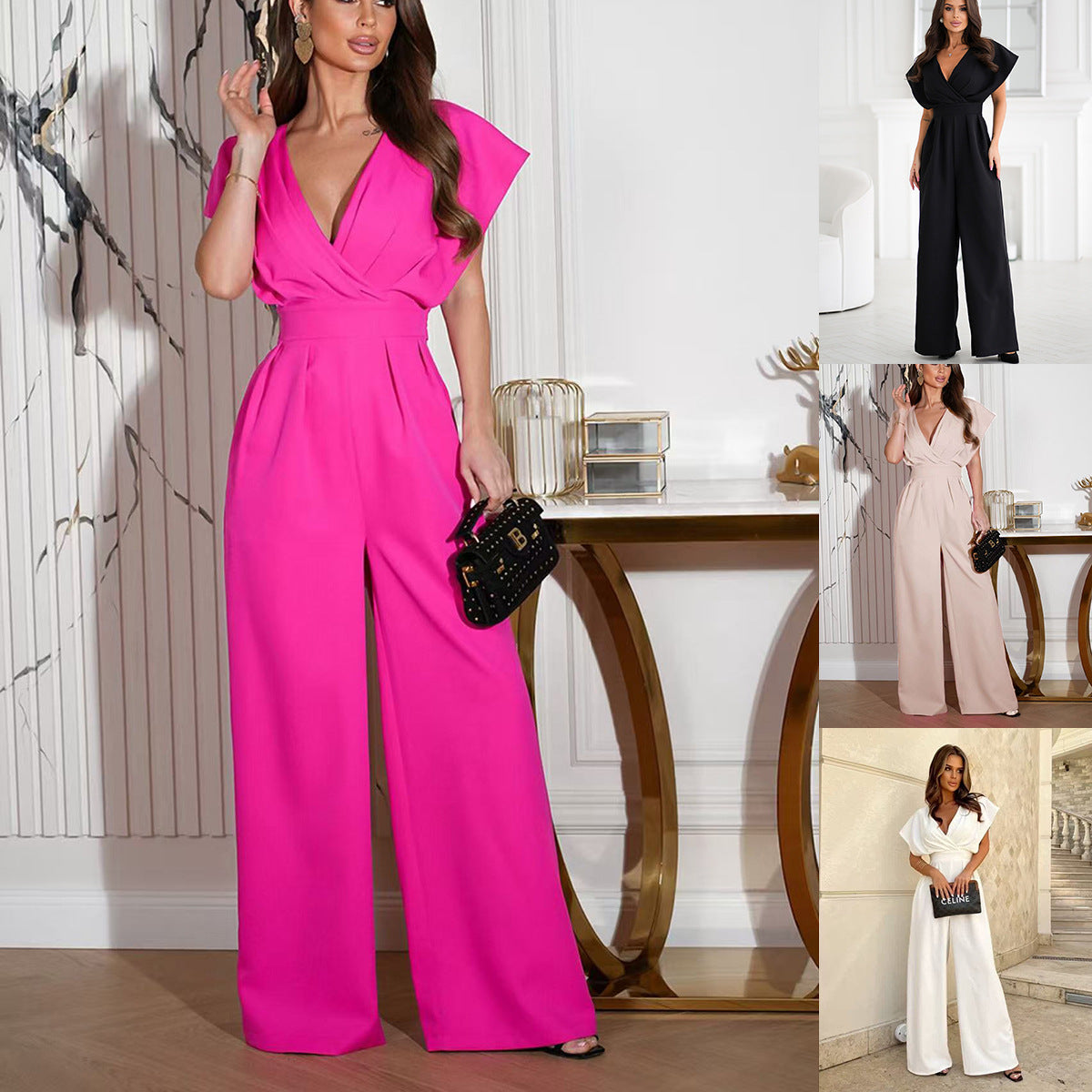 Damen Jumpsuit mit elegantem Wickeldesign und weiten Ärmeln Fudus