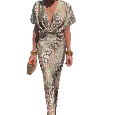 Damen Maxikleid mit elegantem V-Ausschnitt und einzigartigem Muster Fudus
