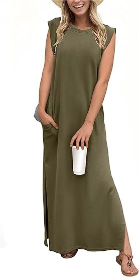 Damen lässiges Maxi-Kleid mit seitlichen Taschen Fudus