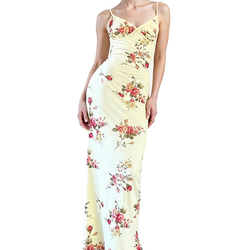 Damen Maxikleid mit floralem Design und feinen Spaghettiträgern Fudus