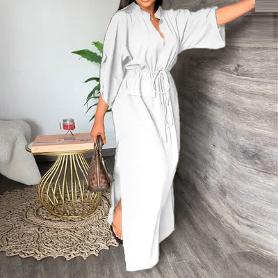 Damen Maxikleid mit lässigem Stehkragen und Taillenzug Fudus