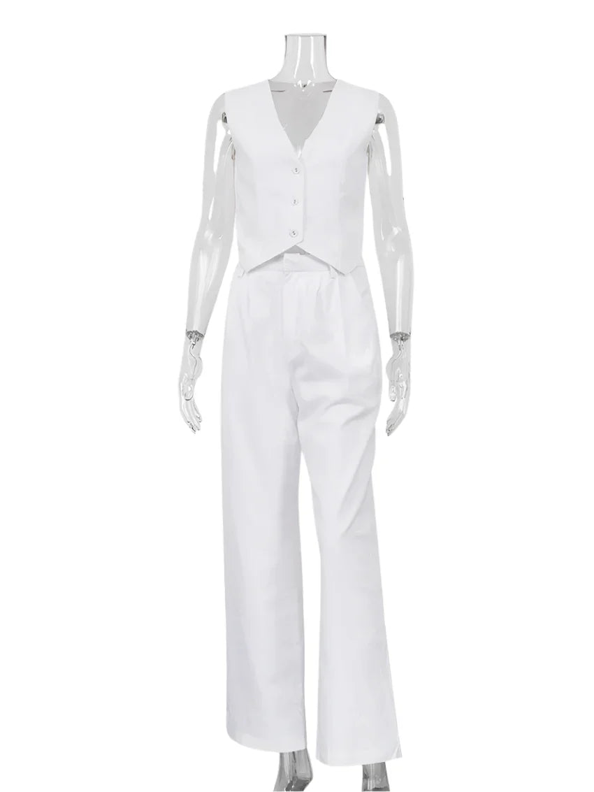 Elegantes Damen Zweiteiler Set Business Casual Ärmellos mit Weitem Bein