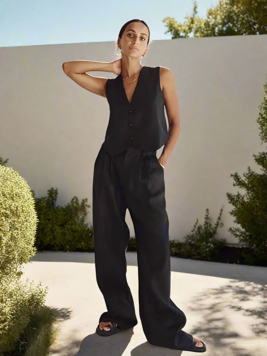 Elegantes Damen Zweiteiler Set Business Casual Ärmellos mit Weitem Bein