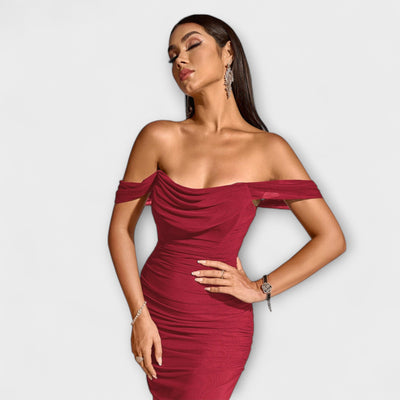 Ione - Off-Shoulder Raffung Bodycon Kleid