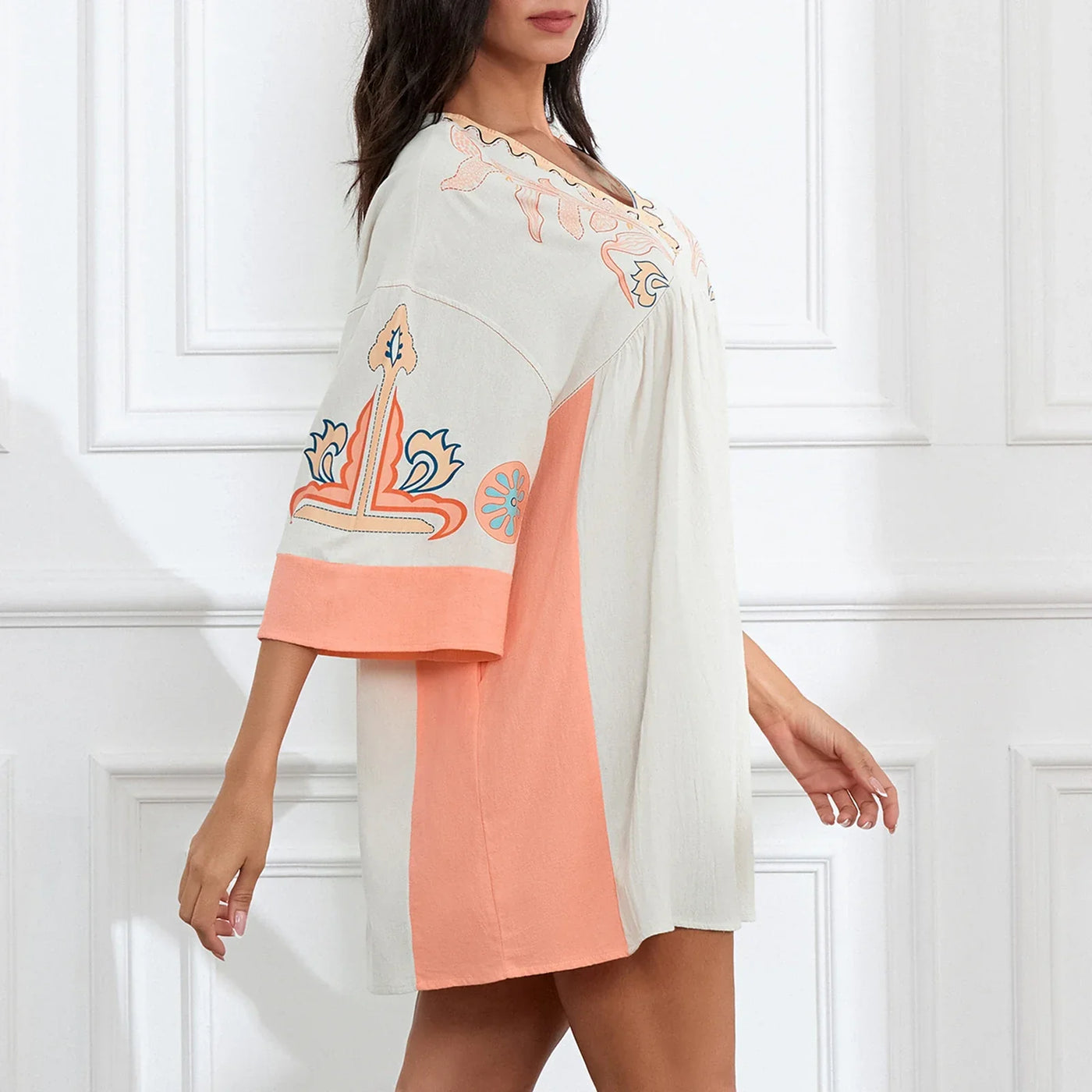 Lässiges Oversize Boho Damen Minikleid mit 3/4 Ärmeln