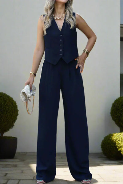 Elegantes Damen Hosenanzug Set mit V-Ausschnitt und weitem Bein