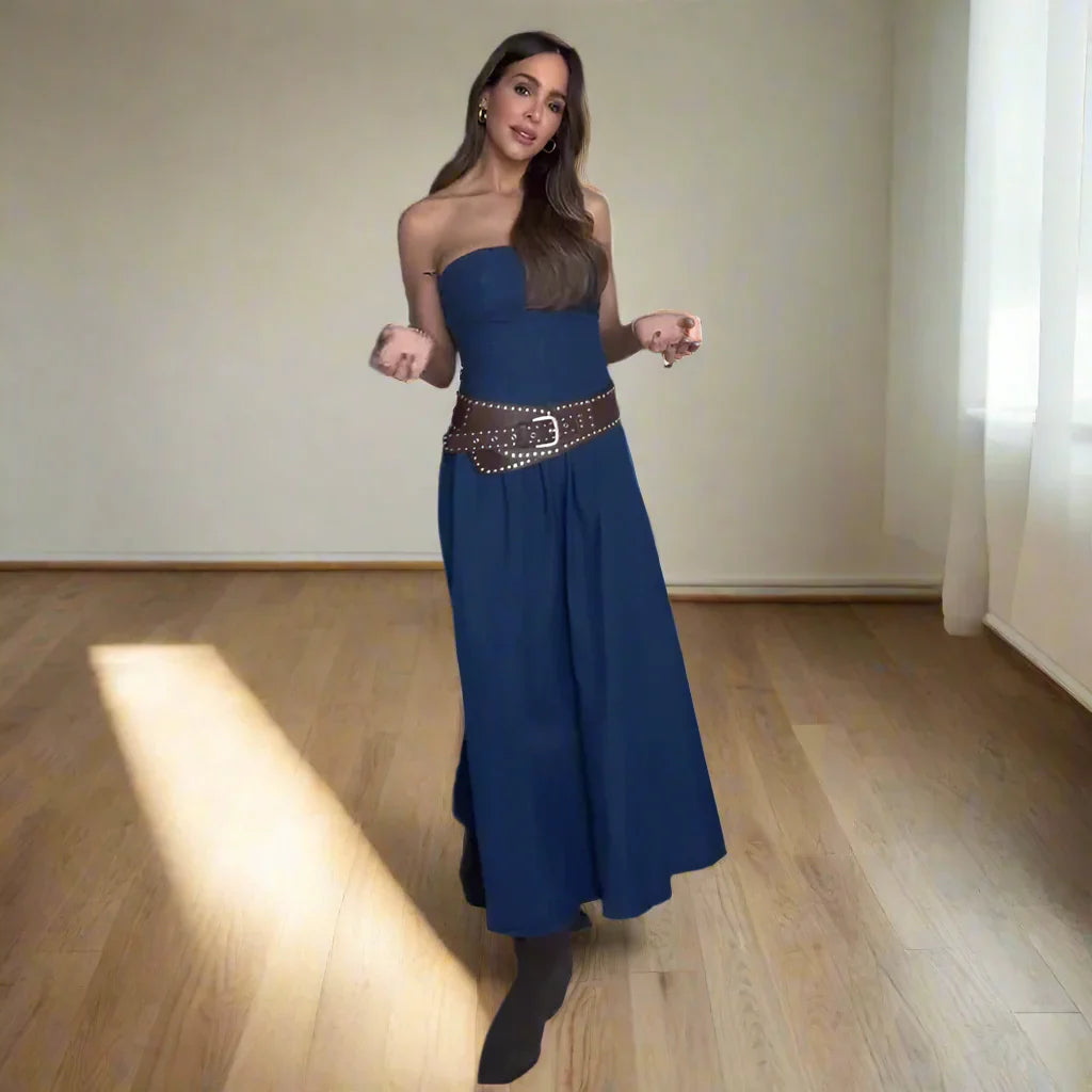 Trägerloses Elegantes Damen Jeanskleid Midi Slim Fit Vintage