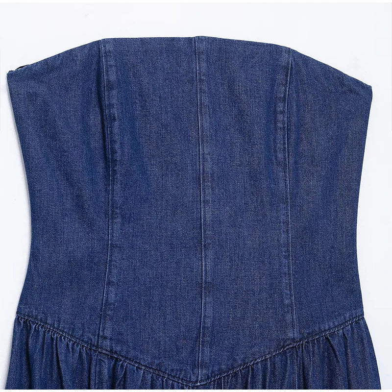 Trägerloses Elegantes Damen Jeanskleid Midi Slim Fit Vintage