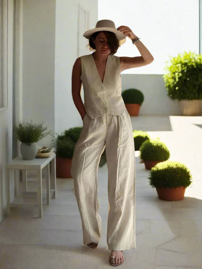 Elegantes Damen Zweiteiler Set Business Casual Ärmellos mit Weitem Bein