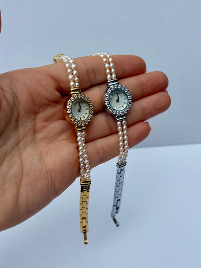 Elegante Vintage Damen Armbanduhr mit Perlendetails