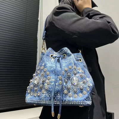 Damenmode Diamant Schultertasche Große Kapazität Zugband Denim Handtasche Elegante Optik