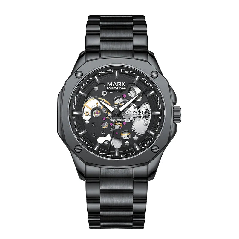 Mark Fairwhale Automatik Uhr für Herren, Edelstahl, Lumineszente Skeleton, Wasserdicht, Businessstyle