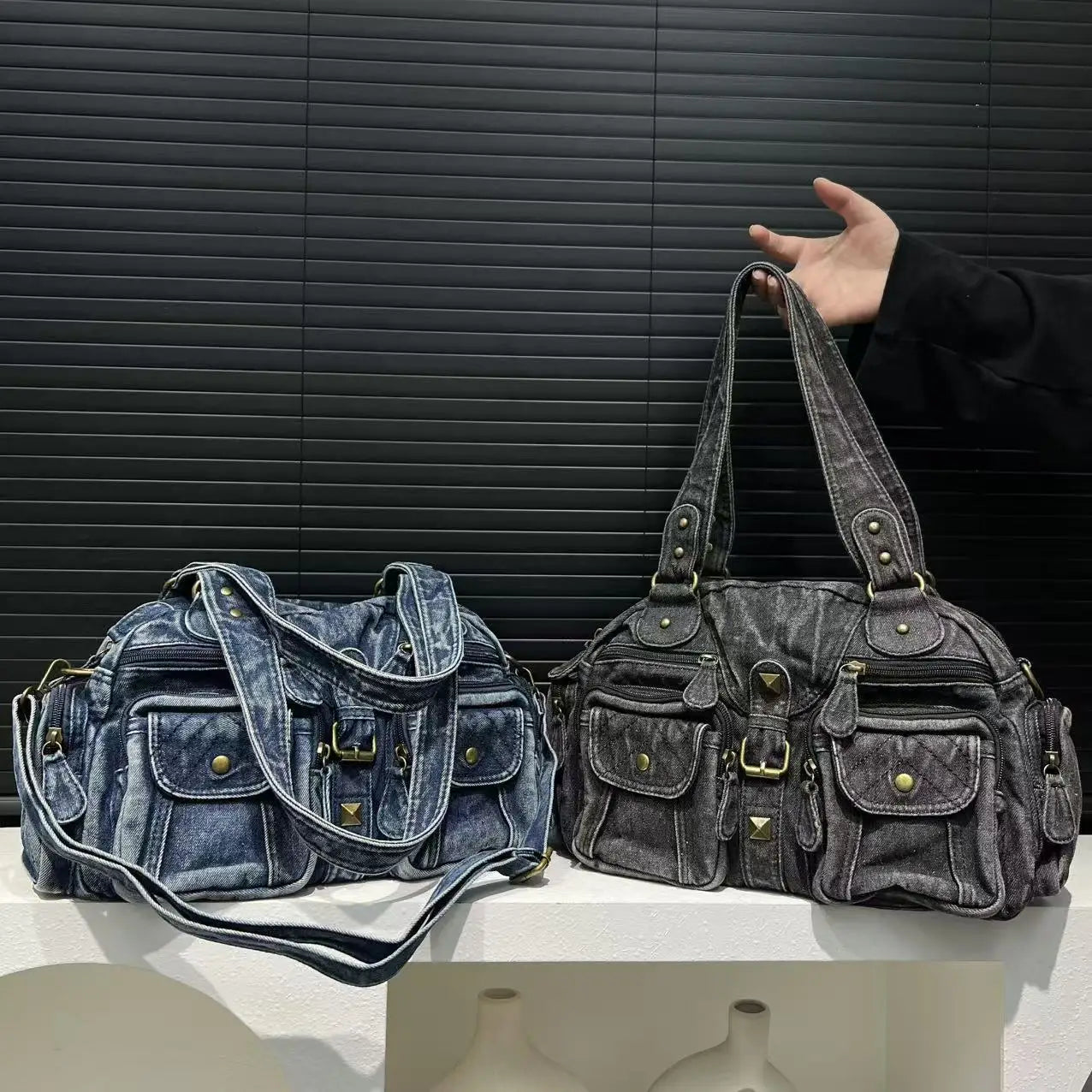 Damen Y2K Retro Mehrfach-Taschen Handtasche - Große Kapazität, Distressed Schultertasche