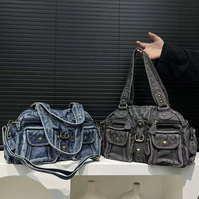 Damen Y2K Retro Mehrfach-Taschen Handtasche - Große Kapazität, Distressed Schultertasche