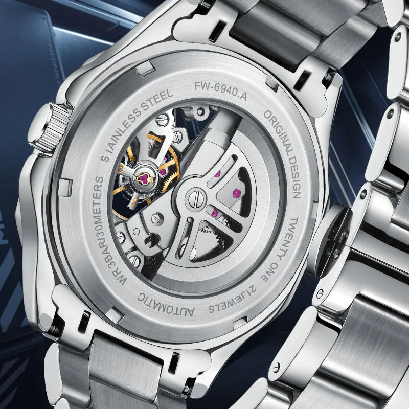 Mark Fairwhale Automatik Uhr für Herren, Edelstahl, Lumineszente Skeleton, Wasserdicht, Businessstyle