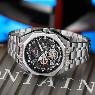 DULUNWE Luxus Automatische Herrenuhr Mit Tourbillon, Transparent, Mechanisch, Luminous, Wasserdicht