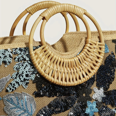 Damen Abendtasche Mit Glänzenden Paillettenblumen, Woven Große Kapazität Strandtasche Für Reisen