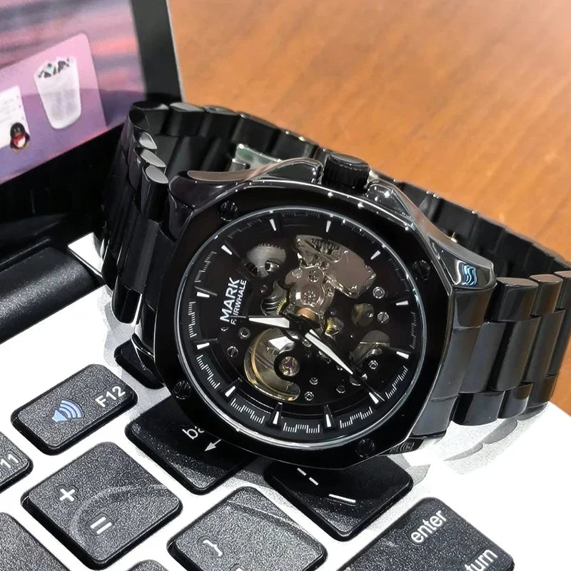 Mark Fairwhale Automatik Uhr für Herren, Edelstahl, Lumineszente Skeleton, Wasserdicht, Businessstyle