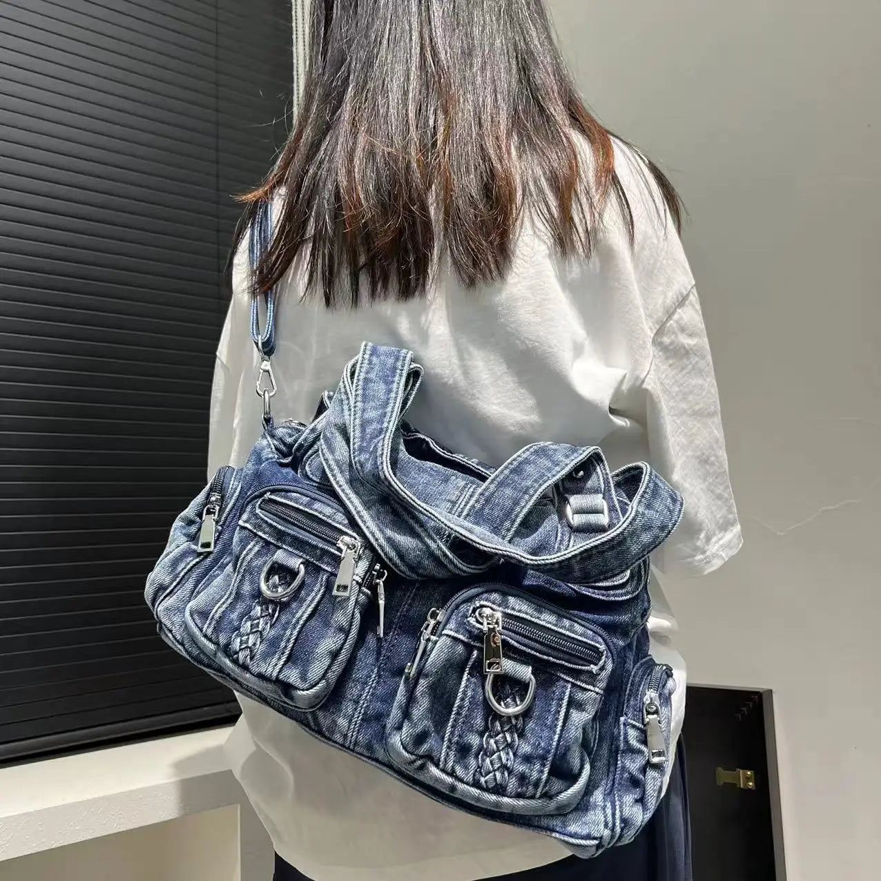 Damen Washed Denim Handtasche Großes Fassungsvermögen Distressed Gradient Schultertasche