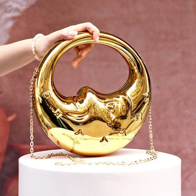 2025 Modische Acryl Damen Handtasche Mondform Abendtasche mit Hartschale in Gold und Silber