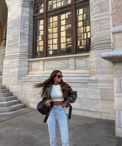 Klassische Cropped Biker Lederjacke