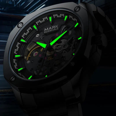 Mark Fairwhale Automatik Uhr für Herren, Edelstahl, Lumineszente Skeleton, Wasserdicht, Businessstyle