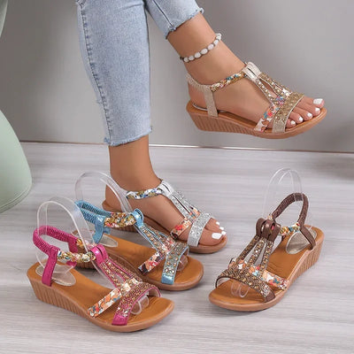 Böhmische Strassplattform Sandalen Damen – Bequeme Slingback mit Glitzer für Frühling/Sommer 2025