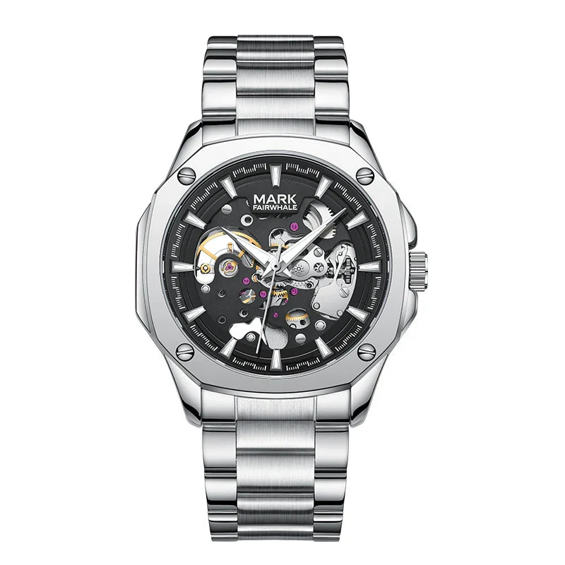 Mark Fairwhale Automatik Uhr für Herren, Edelstahl, Lumineszente Skeleton, Wasserdicht, Businessstyle