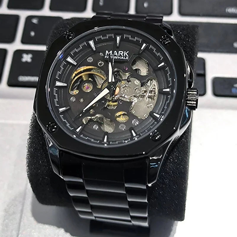 Mark Fairwhale Automatik Uhr für Herren, Edelstahl, Lumineszente Skeleton, Wasserdicht, Businessstyle