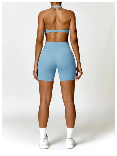 Sportedly 2-teiliges Damen Yoga Outfit: Nahtloser Sport-BH, Sexy Gym Shorts & Leggings