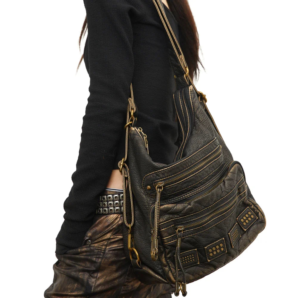 Damen Retro Rivet Tote Tasche aus Gewaschenem Leder, Großes Fassungsvermögen, Multifunktionale Schulter- und Crossbody-Tasche