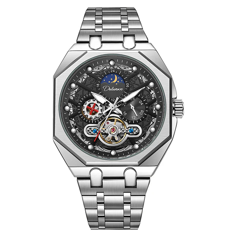 DULUNWE Luxus Automatische Herrenuhr Mit Tourbillon, Transparent, Mechanisch, Luminous, Wasserdicht