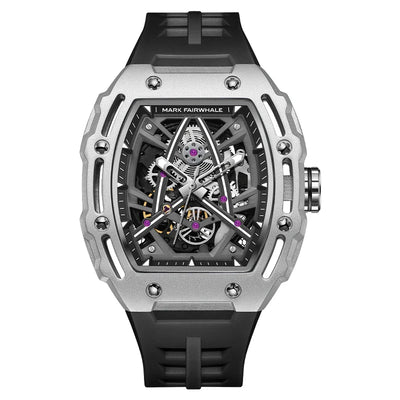Mark Fairwhale Herren Uhr mit Mechanischem Movement, Skelett-Design, Wasserdicht, Gummiarmband, Tonneau-Form