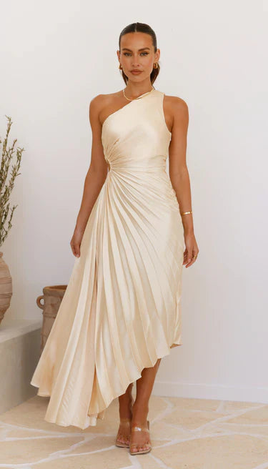 Sylviana - Ein-Schulter Plissiertes Midi-Kleid