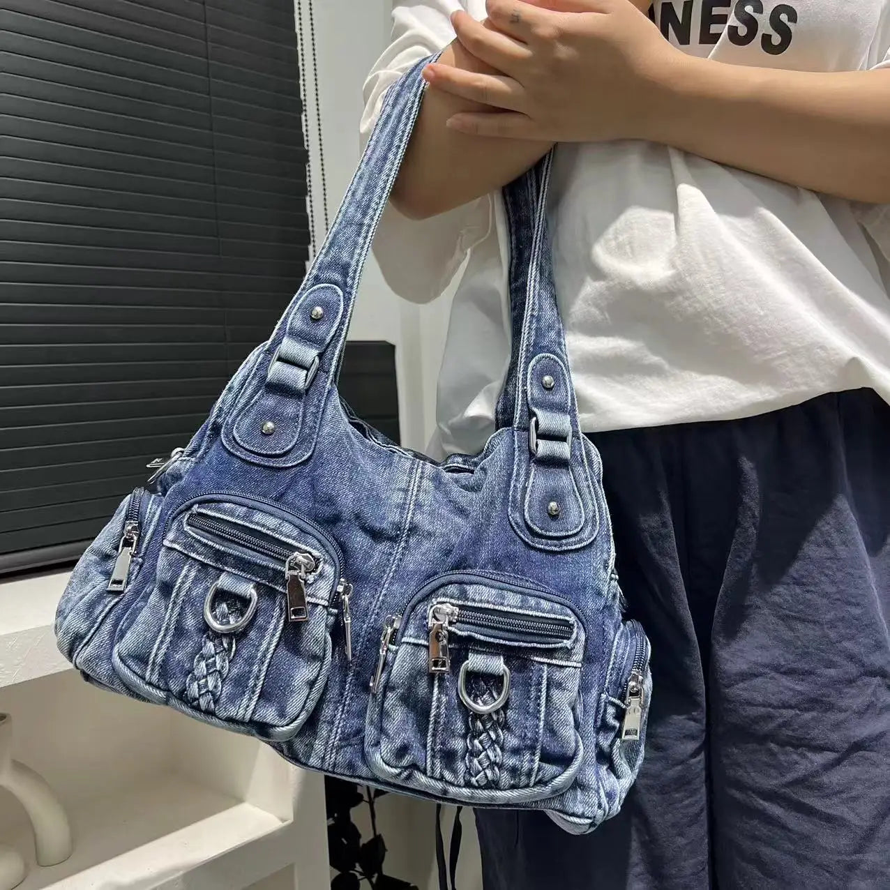 Damen Washed Denim Handtasche Großes Fassungsvermögen Distressed Gradient Schultertasche